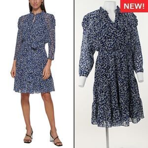 Womens Calvin Klein Long Sleeve Ditsy Floral a-Line Chiffon Dress